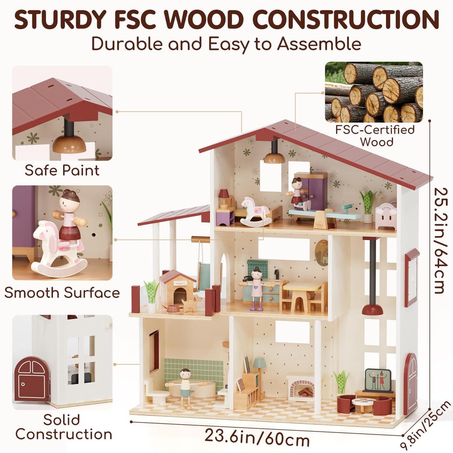 Lehoo Castle Wooden Dollhouse for Girls, Realistic Doll House with 5 Rooms & 38 Accessories, DIY Pretend Play Dream Dollhouse with Doll and Furniture