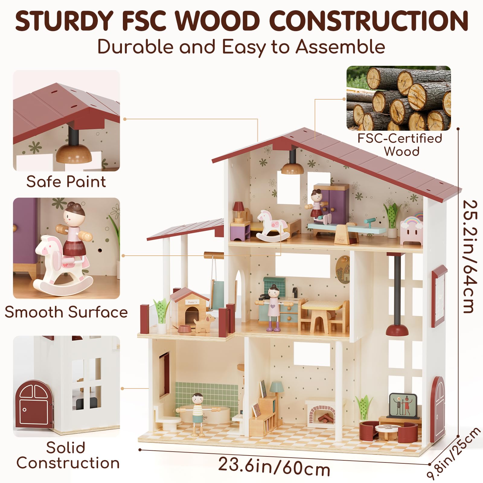 Lehoo Castle Wooden Dollhouse for Girls, Realistic Doll House with 5 Rooms & 38 Accessories, DIY Pretend Play Dream Dollhouse with Doll and Furniture