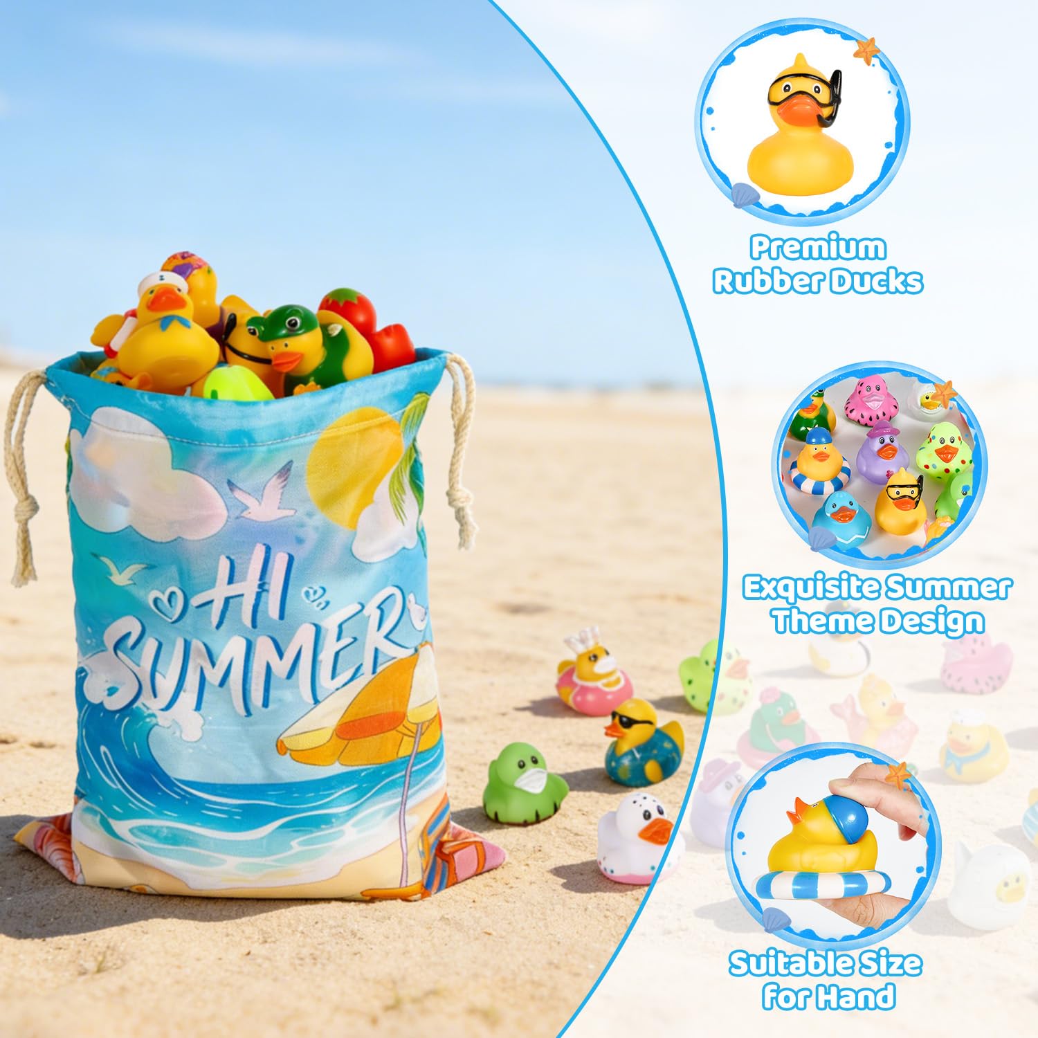 24Pack Summer Rubber Ducks with a Bag, Summer Duck for Jeeps, Assorted Beach Toys for Pool, Duckies Games, Party Favors, Birthday Gifts, Classroom
