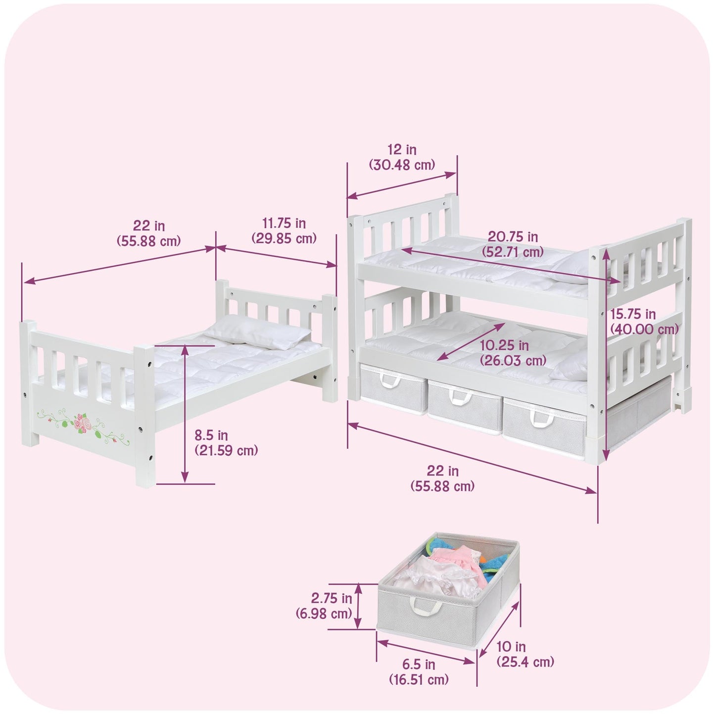 Badger Basket 1-2-3 Convertible Doll Bunk Bed with Bedding and Storage Baskets - Elegant White and Rose Design for 18 to 20-Inch Dolls