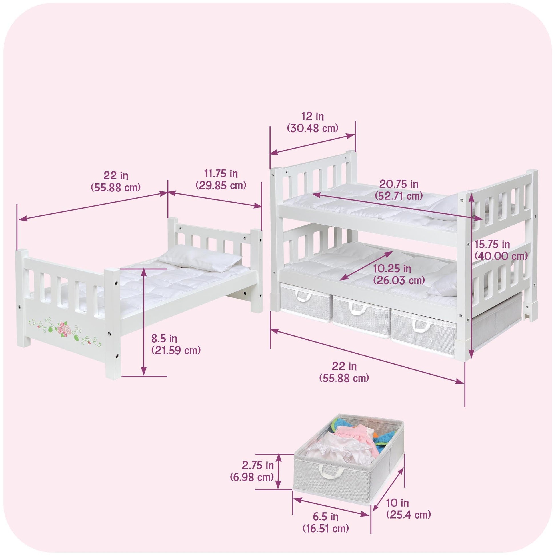 Badger Basket 1-2-3 Convertible Doll Bunk Bed with Bedding and Storage Baskets - Elegant White and Rose Design for 18 to 20-Inch Dolls