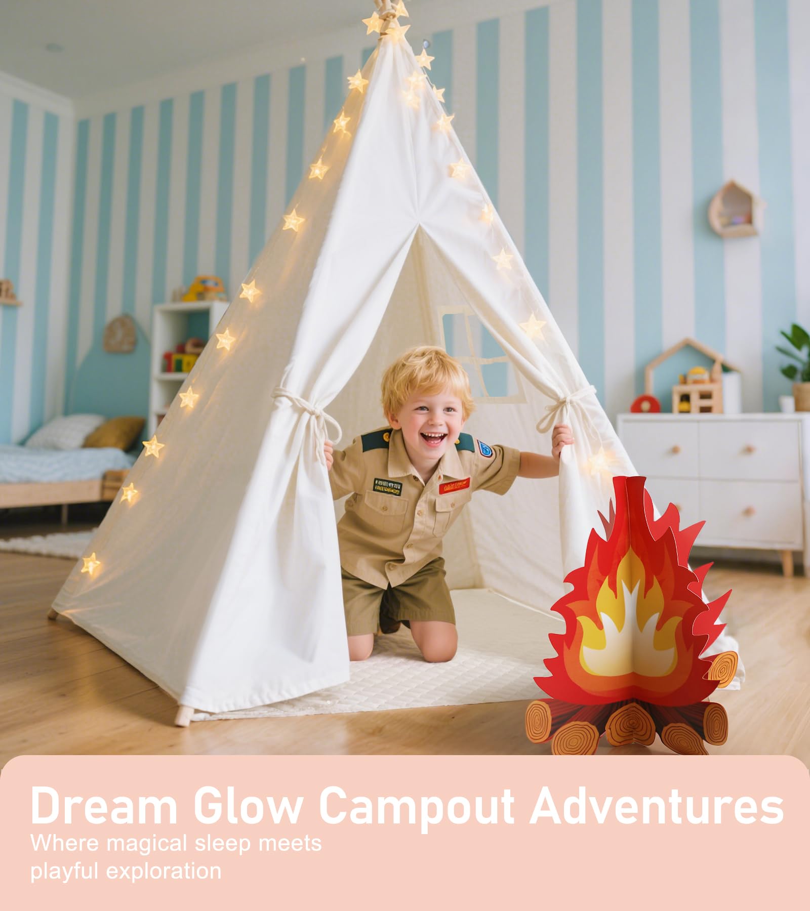 Little Dove Teepee Tent for Kids with Star Lights, Mat & Campfire Toy, Premium Cotton Canvas Kids Play Tent with Wooden Poles, Foldable Indoor Outdoor