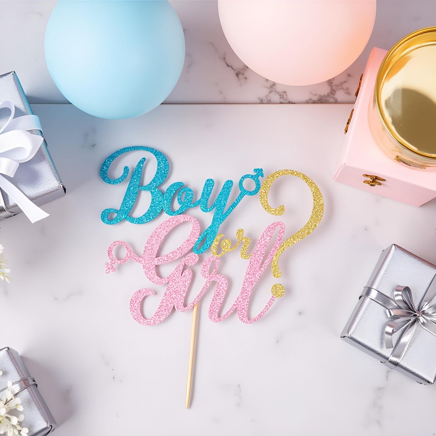 Sleyberoy Blue And Pink Gold Glitter Boy Or Girl Cake Topper