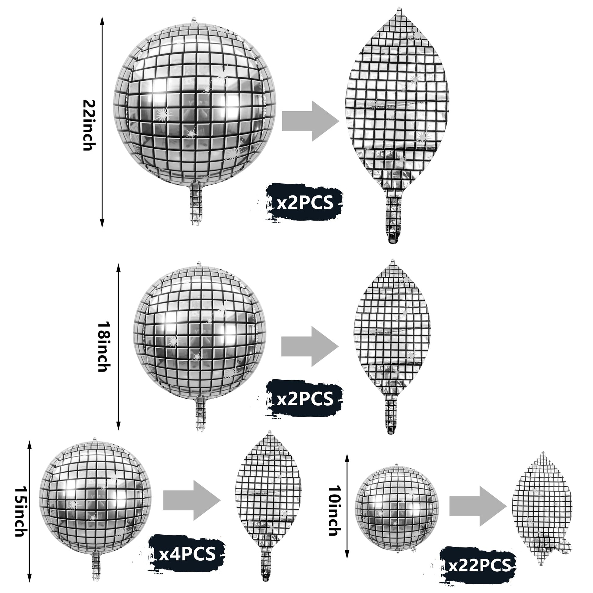 30 PCS Disco Ball Balloons Different Sizes- 4D Large Disco Balloons 10 Inch 15 Inch 18 Inch 22 Inch Assorted Round Metallic Silver Disco Balloons