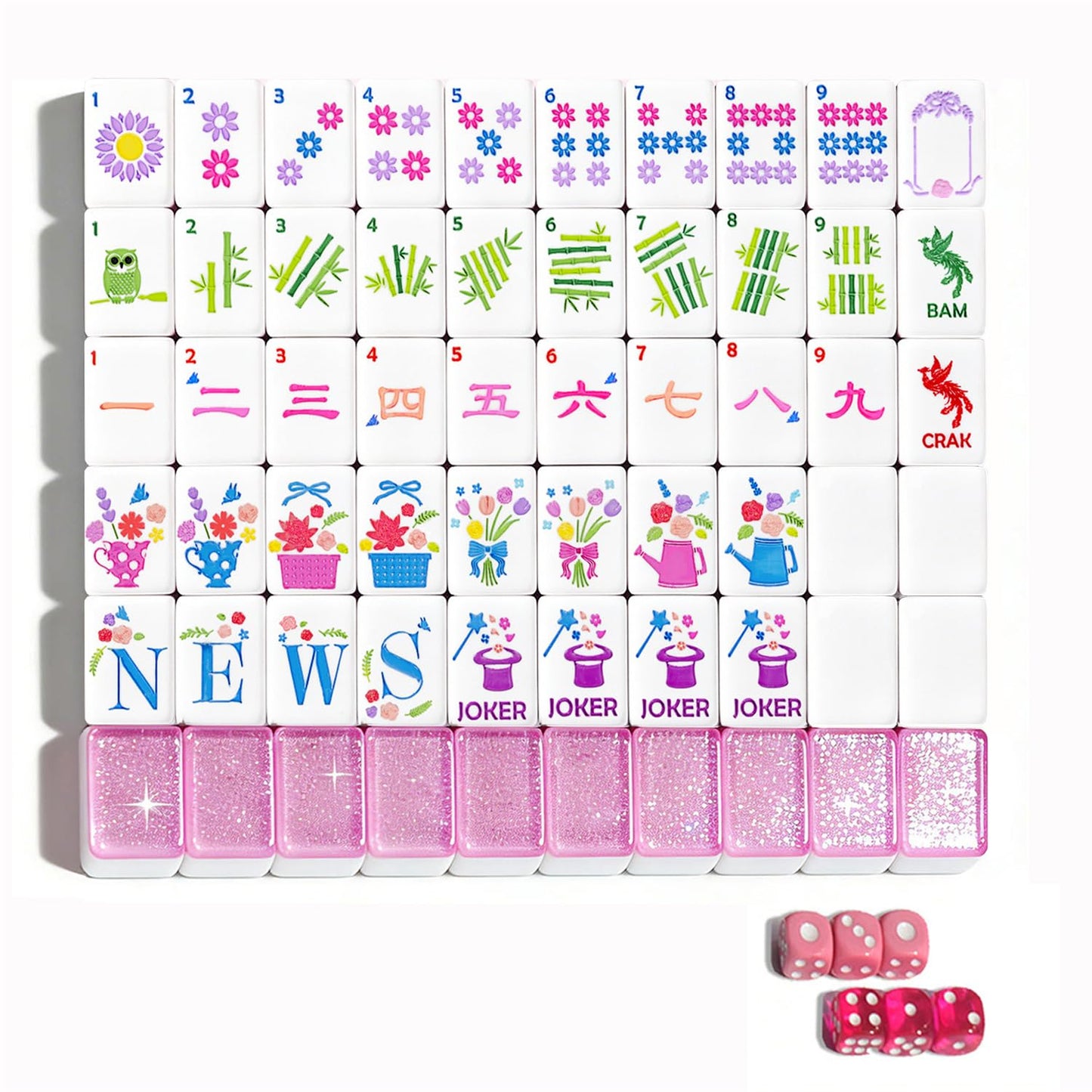 HYZYey Mahjong Tile Set 160 Acrylic Sparkle Pink Blossom American Mah Jongg Game Tiles with 6 Dice PU Bag Accessories Gifts for Majong Players