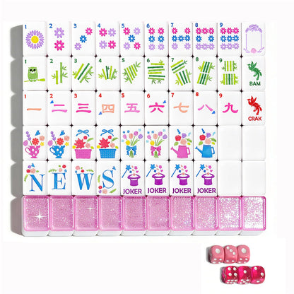 HYZYey Mahjong Tile Set 160 Acrylic Sparkle Pink Blossom American Mah Jongg Game Tiles with 6 Dice PU Bag Accessories Gifts for Majong Players
