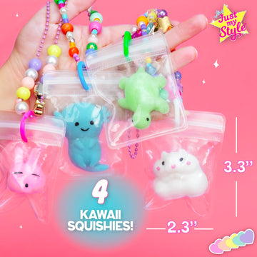 Just My Style Squishy Charms, Create 5 Squishy Bag Charms, Necklaces, Friendship Bracelets with Kawaii TPR Squishies in Pouches & Beads for Jewelry