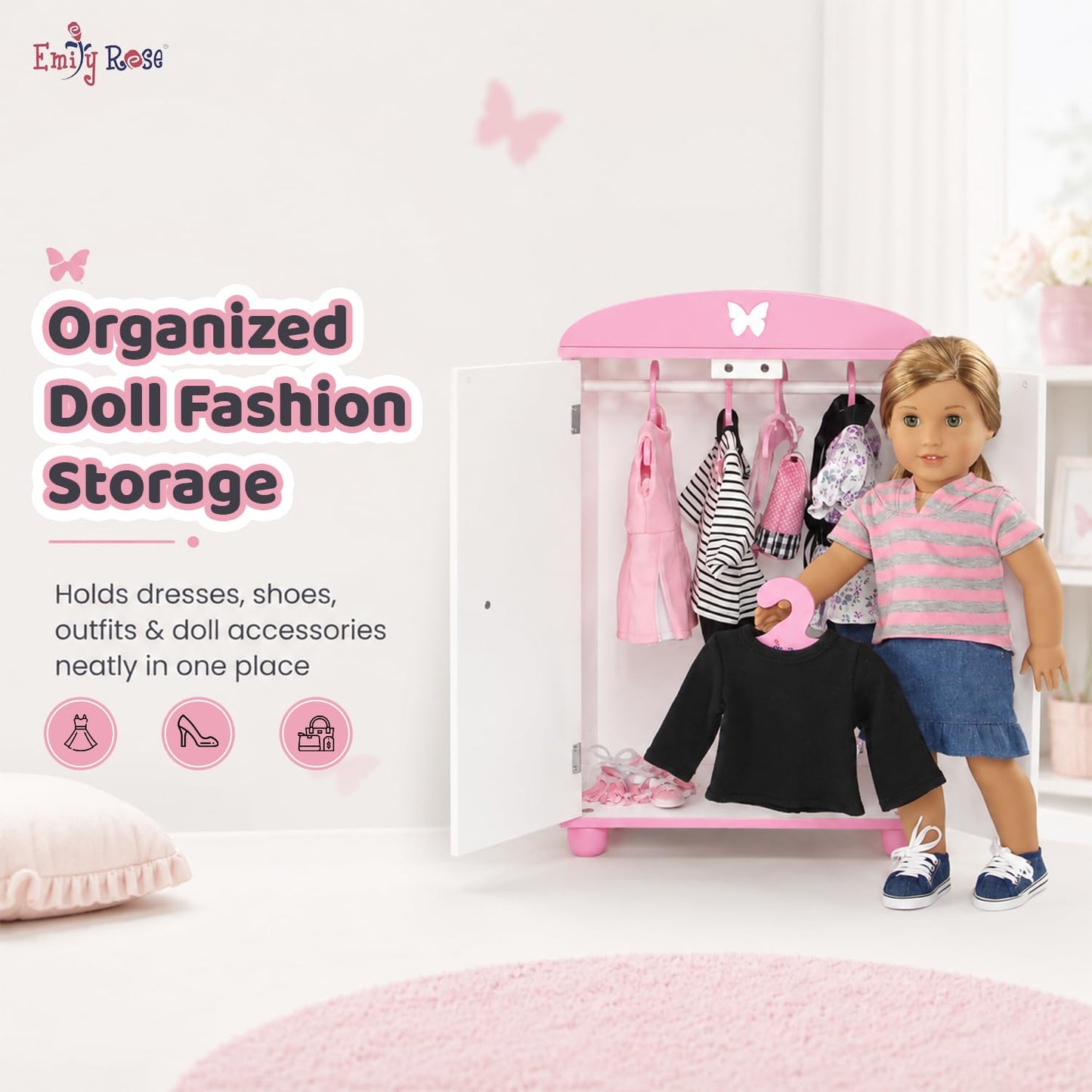 Emily Rose 18 Inch Doll Clothes Storage Closet w/5 Notched Hangers - Pink