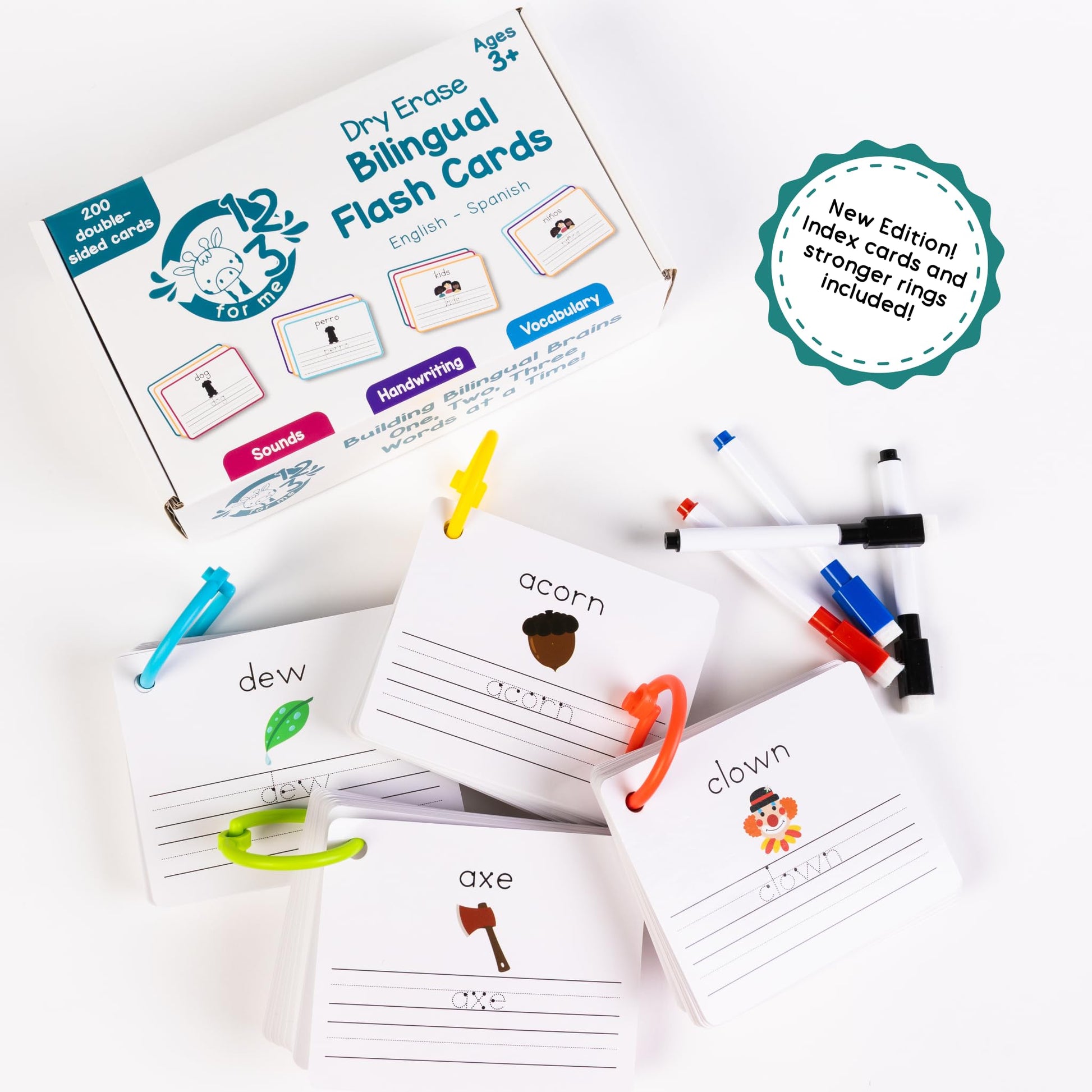 Dry Erase Spanish Flash Cards for Kids | English - Spanish Alphabet Flash Cards for Beginners - Set of 200 ESL Teaching and Learning Bilingual