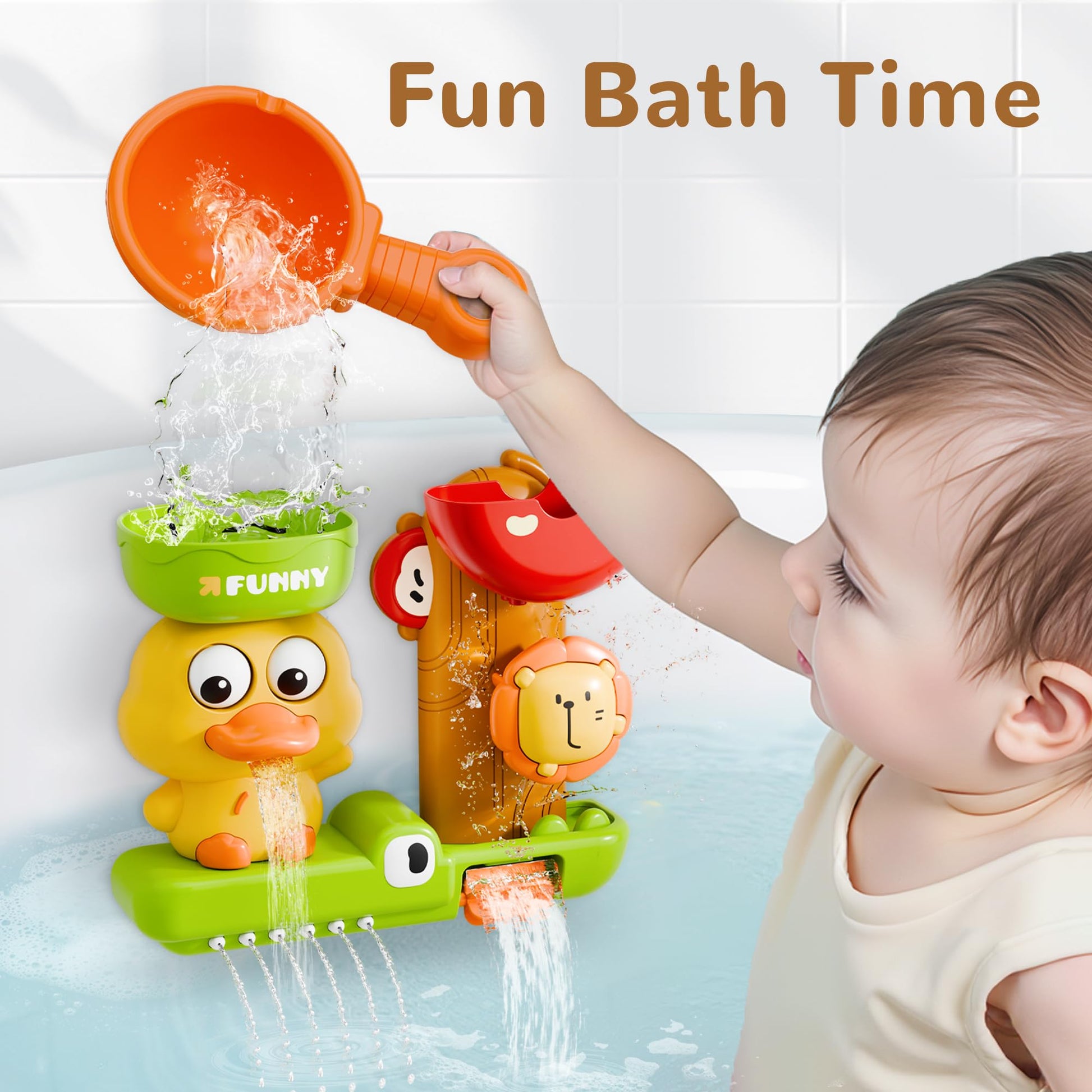 iPlay, iLearn Bath Toy for Toddlers 1-3, Baby Waterfall Duck Bathtub Toy W/ Suction Cup, Kid Bath Tub Shower Playset, Infant Bathtime Fun Birthday