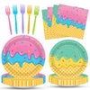 100 Pcs Ice Cream Cone Party Supplies Set, Serves 25 - Disposable Paper Plates, Napkins, and Colorful Forks, Ice Cream Themed Tableware for Kids