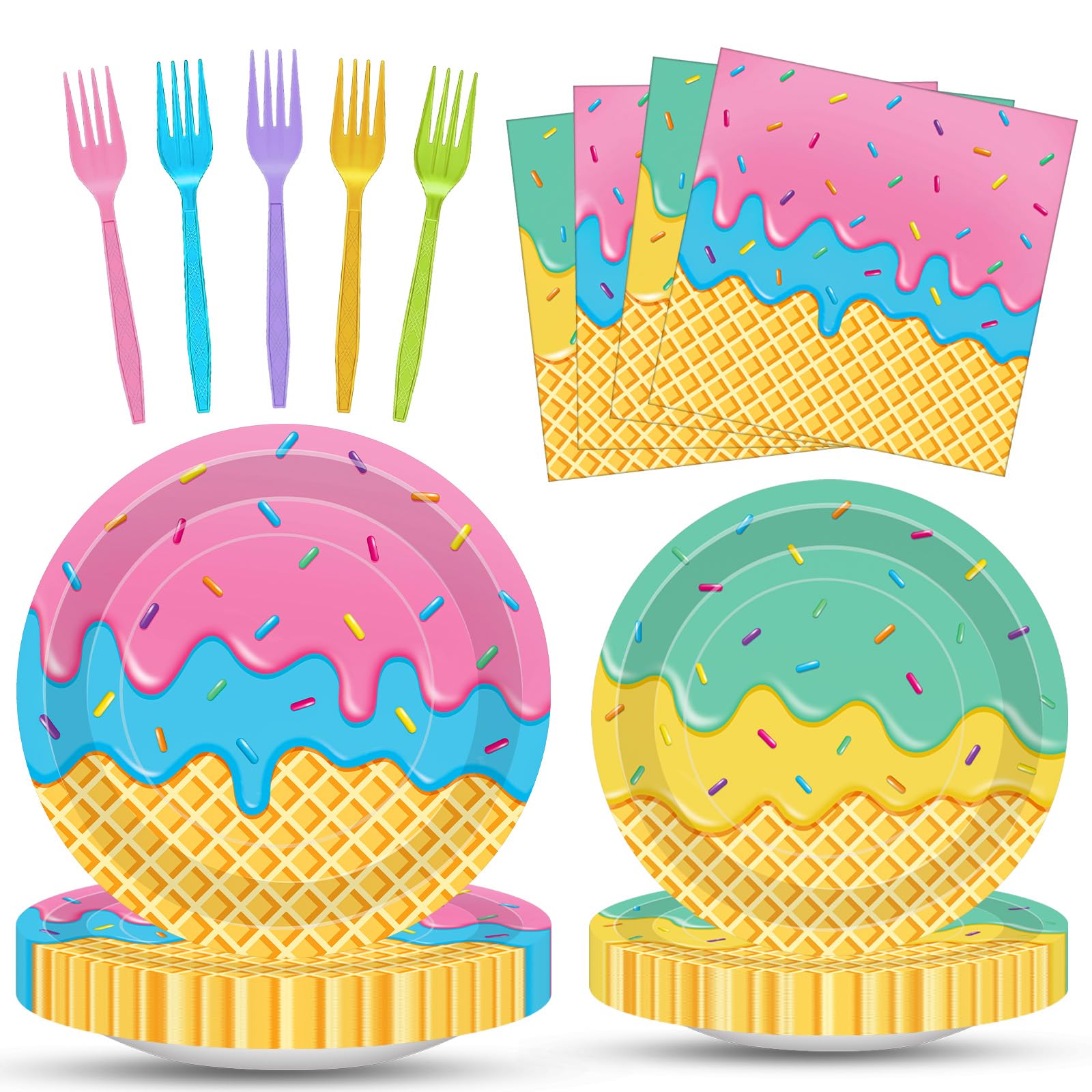 100 Pcs Ice Cream Cone Party Supplies Set, Serves 25 - Disposable Paper Plates, Napkins, and Colorful Forks, Ice Cream Themed Tableware for Kids