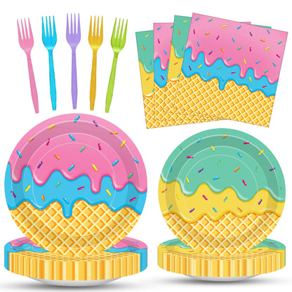 100 Pcs Ice Cream Cone Party Supplies Set, Serves 25 - Disposable Paper Plates, Napkins, and Colorful Forks, Ice Cream Themed Tableware for Kids