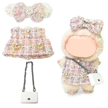 Clothes Compatible with Labubu Doll,Labubu Outfit Set - Pink Dress + Bow Headband + White Shoulder Bag for Labubu Dolls, Stylish Accessories for 17cm