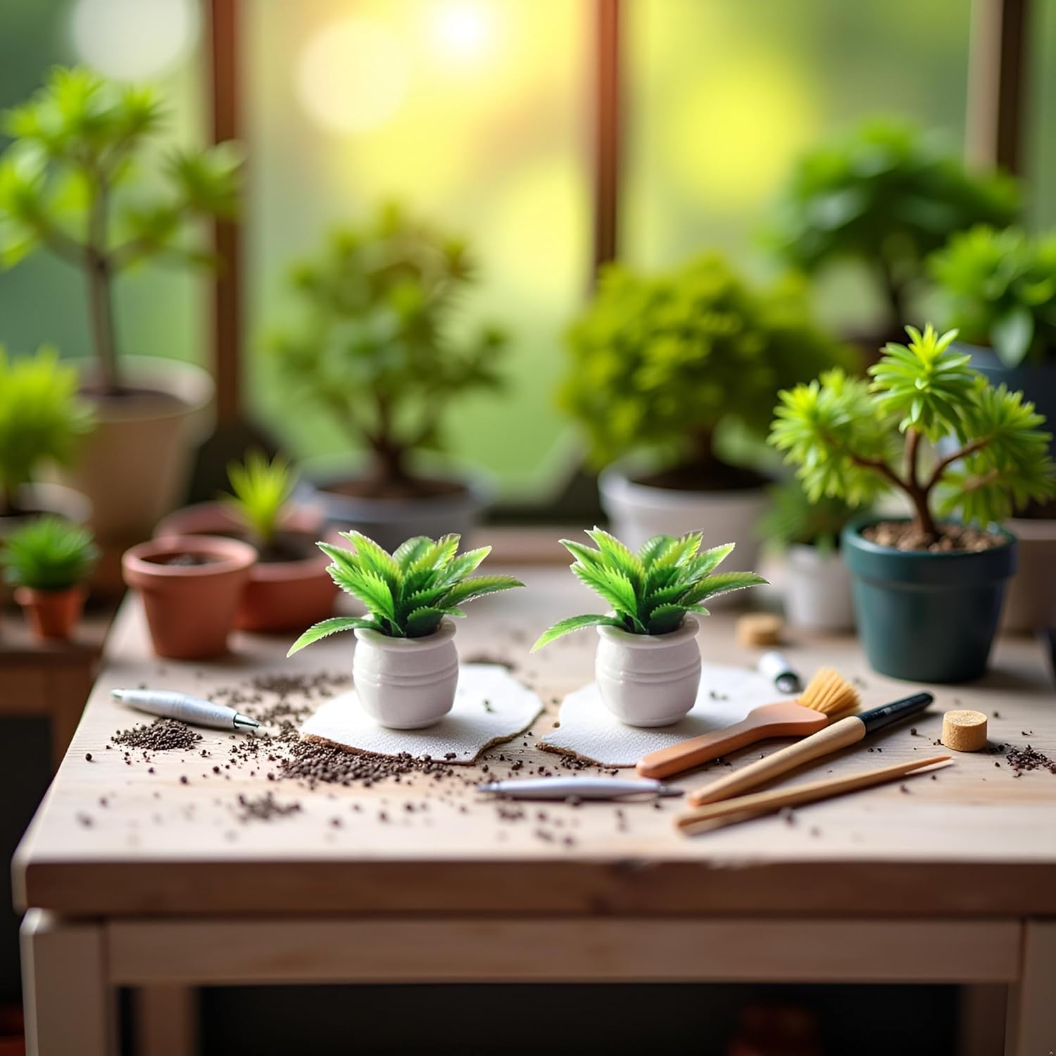 1:12 Scale Mini Potted Plants - Resin Botanical Decor for Dollhouse Kitchens and Living Rooms, Evergreen DIY Craft Accessories with Lifelike Foliage