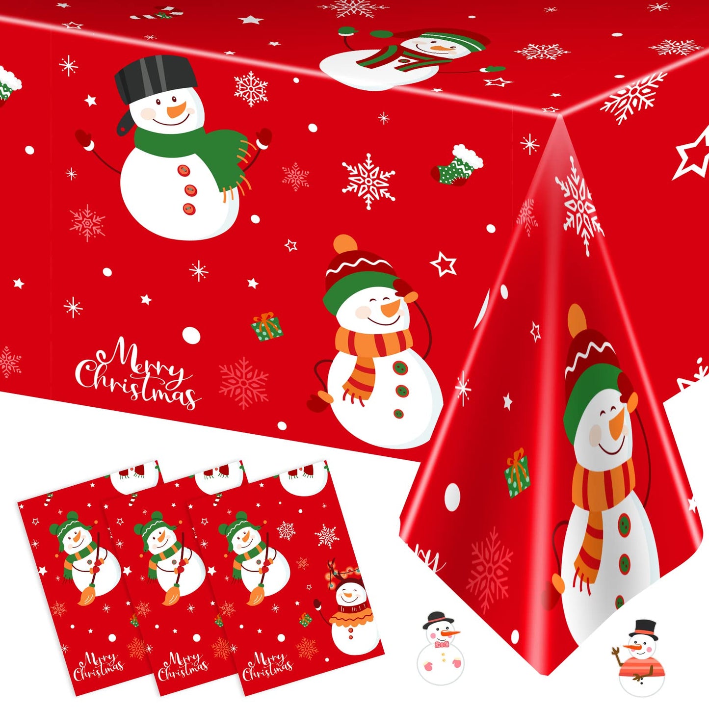 3 Pcs Christmas Tablecloth - Snowman Christmas Table cover, Disposable Plastic Rectangle Xmas Snowman Snowflakes Party Table cloths for Christma