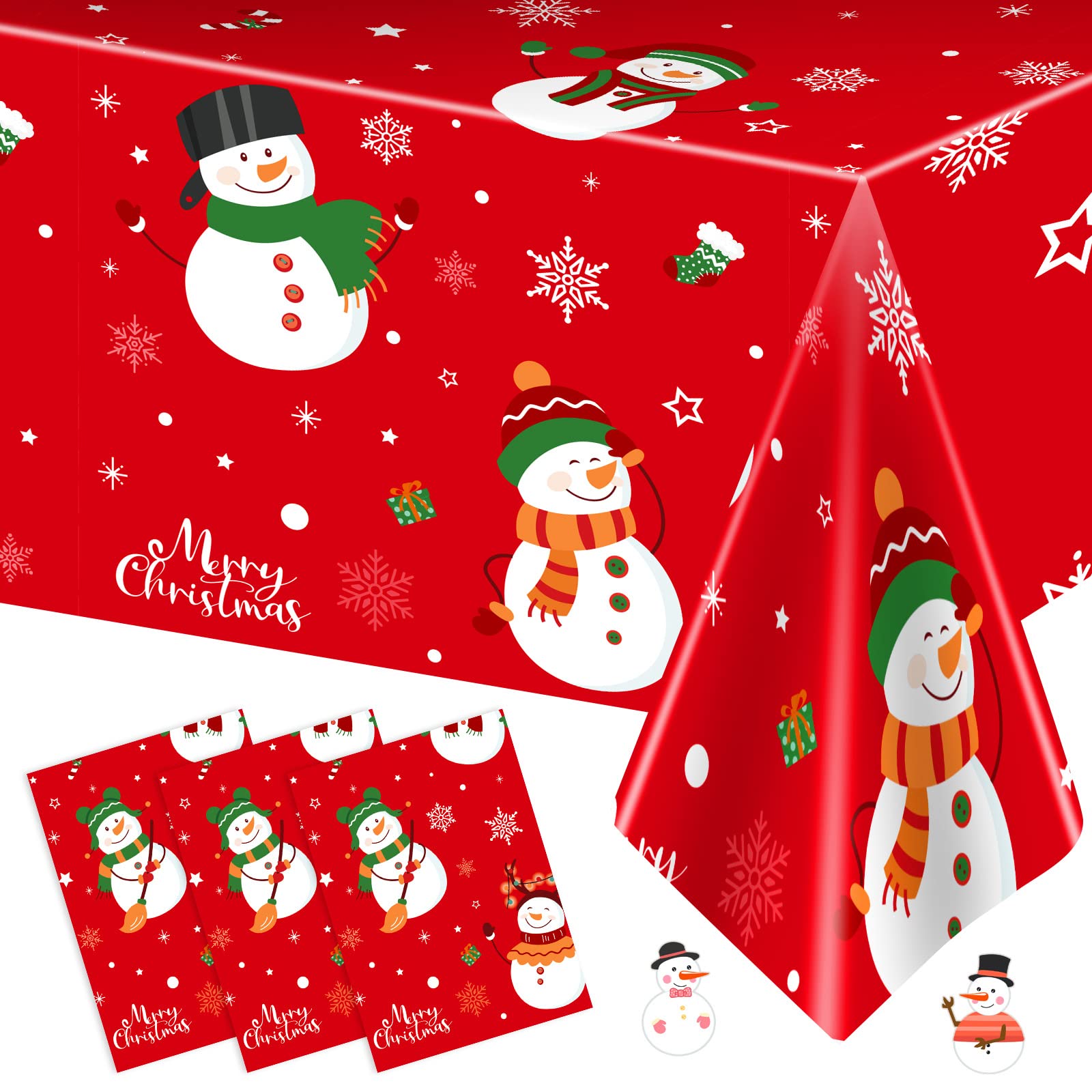 3 Pcs Christmas Tablecloth - Snowman Christmas Table cover, Disposable Plastic Rectangle Xmas Snowman Snowflakes Party Table cloths for Christma