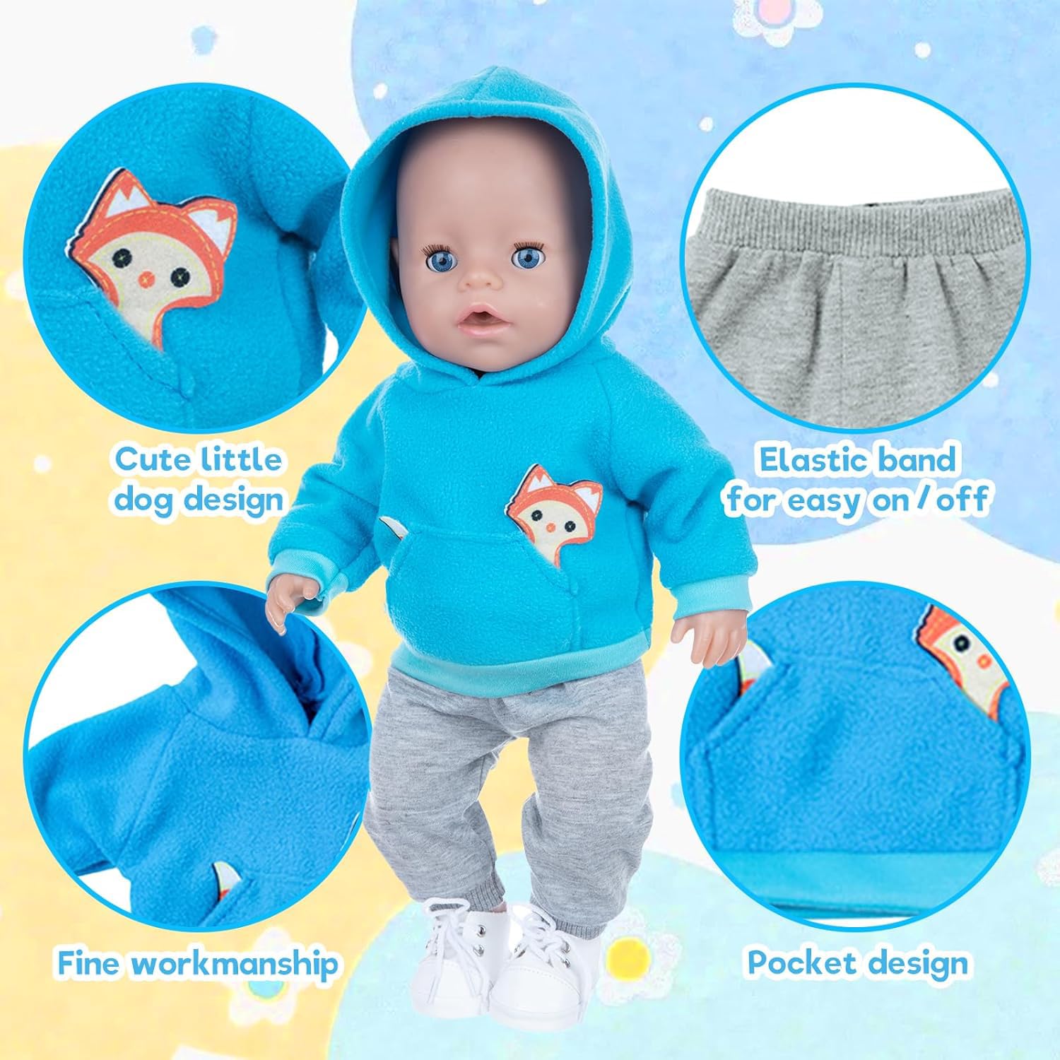 DVKKHD Baby Doll Clothes for 18 Inch Dolls, 14-16 Inch Cool Baby Doll Outfits Hoodies Suit, Blue Fashion Clothing Sweatshirt Compatible with 43cm