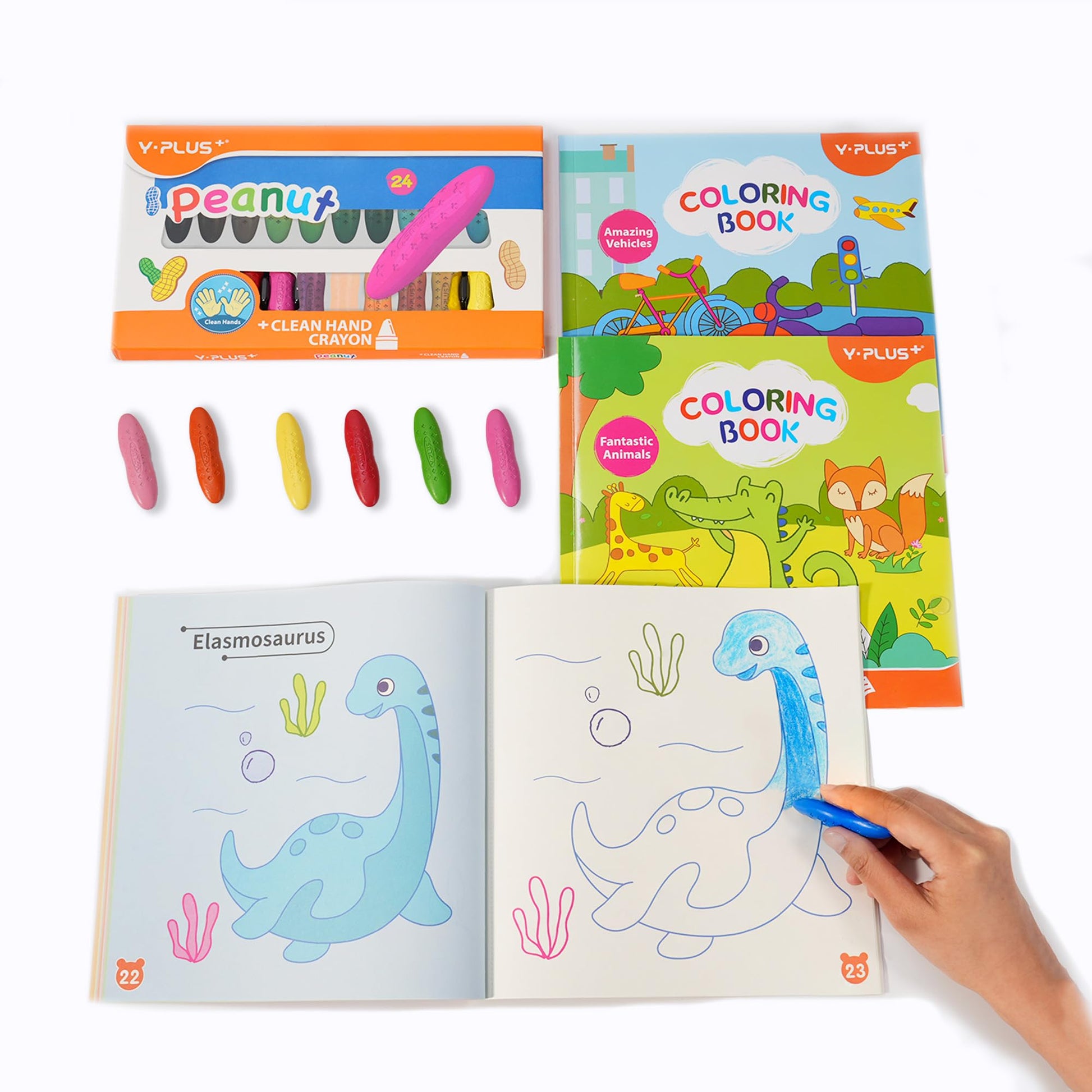 YPLUS Coloring Set for Kids with 24 Crayons 3 Coloring Books, Toddler Painting Kit Peanut Crayon Drawing Books, Washbale Non Toxic Art Craft Supplies