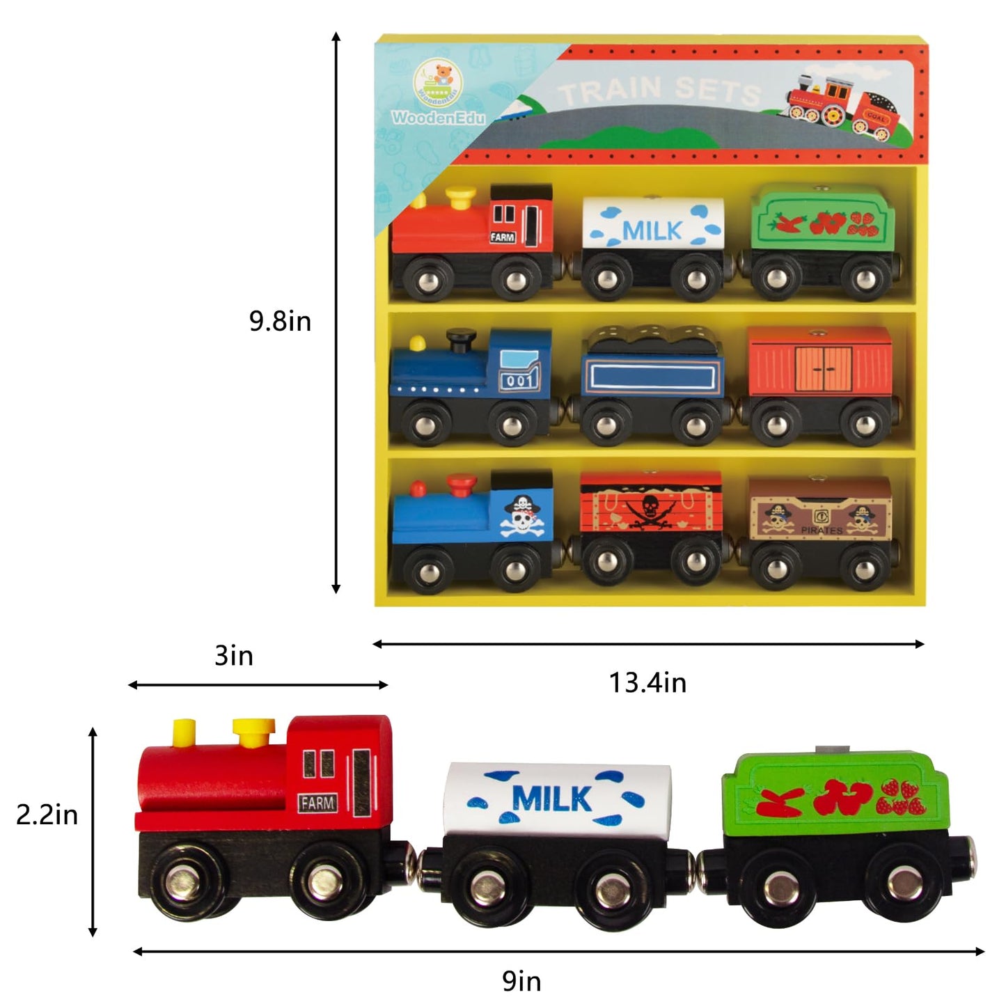 WoodenEdu Wooden Train Sets for Toddlers, 9 Pcs Train Toy Magnetic Sets Fits Brio, Thomas, Melissa and Doug, Kids for Boys Girls 3 4 5 Years Old