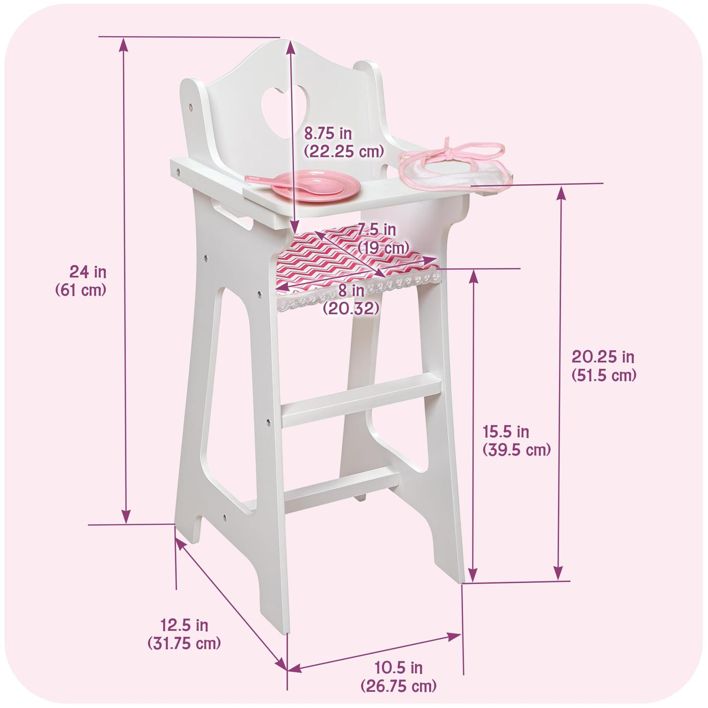 Badger Basket Chevron Doll High Chair with Plate, Bib, and Spoon - Ideal for Feeding 18-Inch Dolls in White and Pink