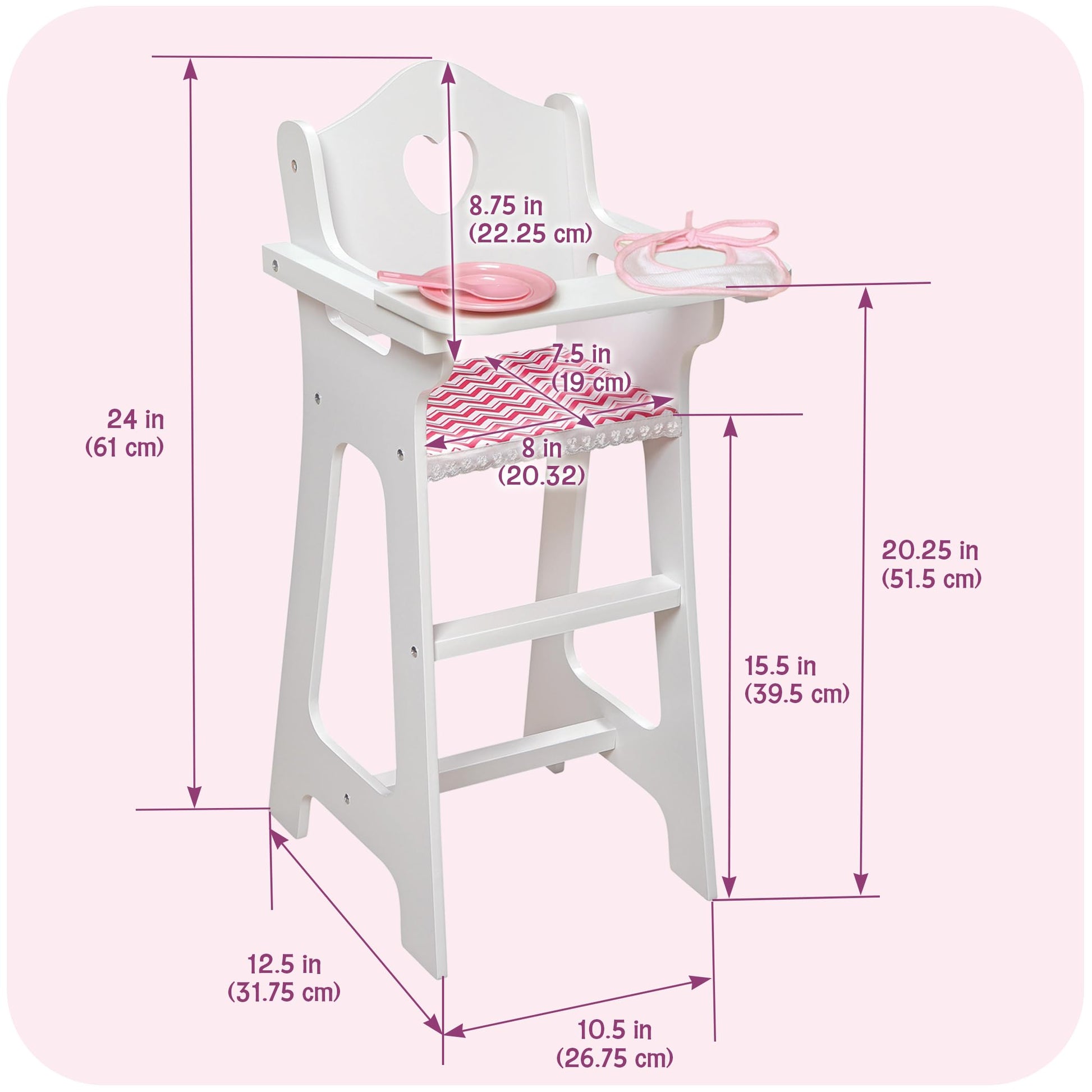 Badger Basket Chevron Doll High Chair with Plate, Bib, and Spoon - Ideal for Feeding 18-Inch Dolls in White and Pink