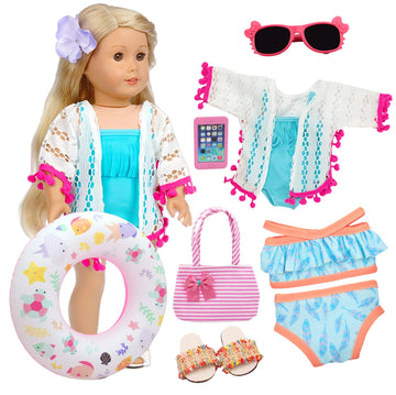 18 Inch American Doll Accessories, Fashion Doll Swimming Play Sets for American 18 Inch Girl Including Clothes Swimsuit Sunglasses Phone Shoes