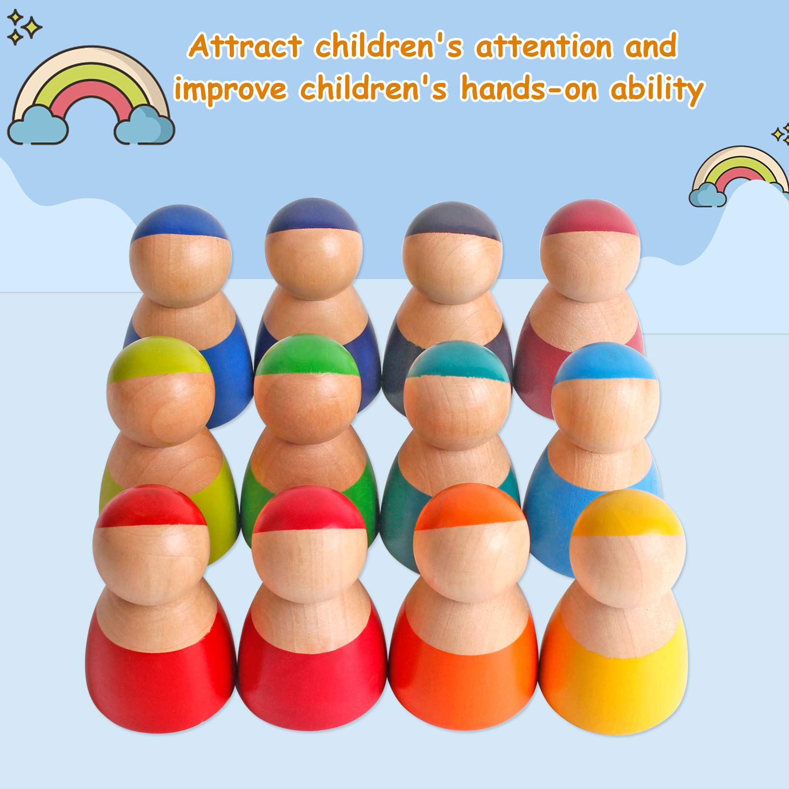 Dinhon Rainbow Friends Wooden Dolls & Play Figures for Toddlers