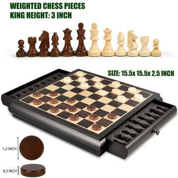VAMSLOVE Wooden Chess Checkers Game Set 15.5" Large Size Board w/Storage Drawers, Weighted Chess Pieces - 2 Extra Queens 3" King, Gift for Birthday