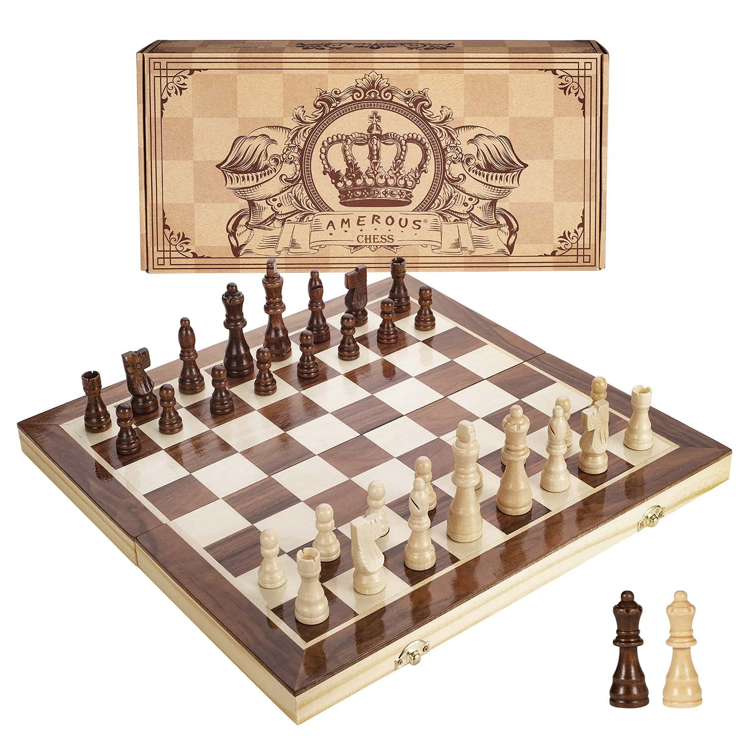 AMEROUS 15 Inches Magnetic Wooden Chess Set - 2 Extra Queens - Folding Board - Pieces Storage Slots, Handmade Portable Travel Chess Game - Beginner