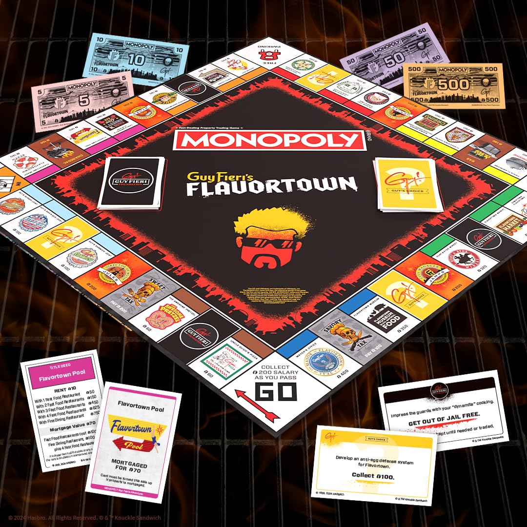 Monopoly: Flavortown Board Game, Featuring '68 Chevy Camaro, Knuckle Sandwich Coin and More, Buy, Sell, Trade Guy Fieri’s Restaurants, Build Your Own