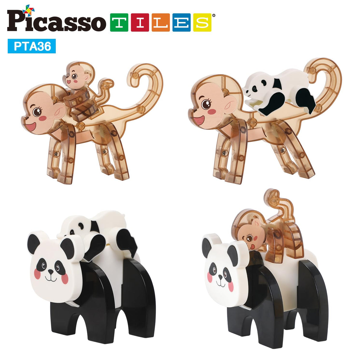 PicassoTiles Magnetic Build a Panda & Monkey Set Magnet Tile Blocks Add-on Expansion Pack, with Panda, Cub, Monkey & Baby Monkey Preschool Learning