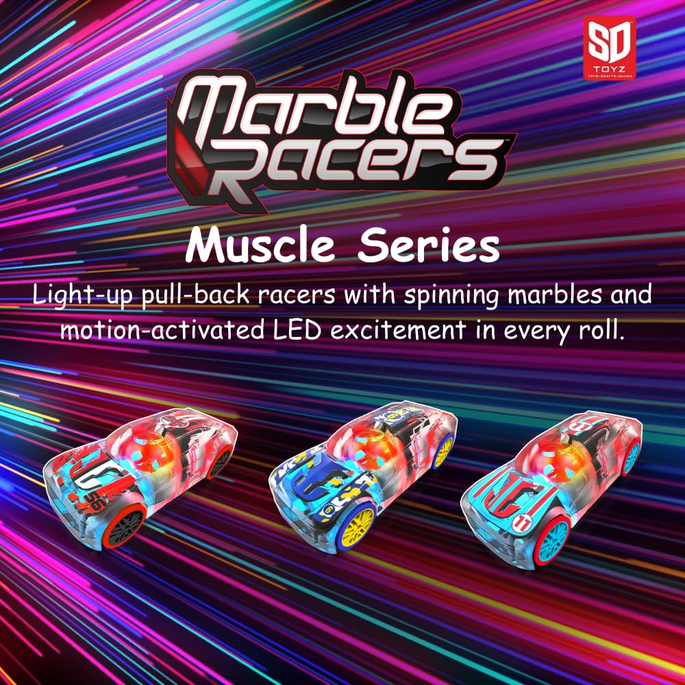 Marble Racers LED Light Up Pull Back Race Car for Kids, Friction-Powered with Flashing Motion Activated LED Lights, Boys Girls & Toddlers Toy (Ages