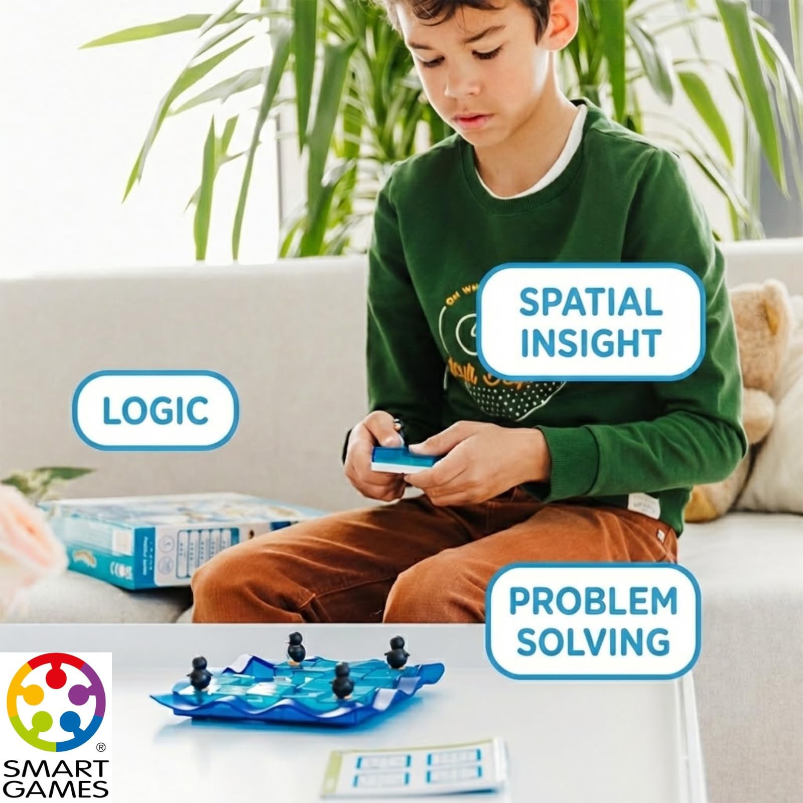 SmartGames Penguins on Ice - Sliding Logic Puzzle Game with 60 Challenges, STEM Brain Teaser for Kids Ages 6+, Travel-Friendly Single Player Puzzle