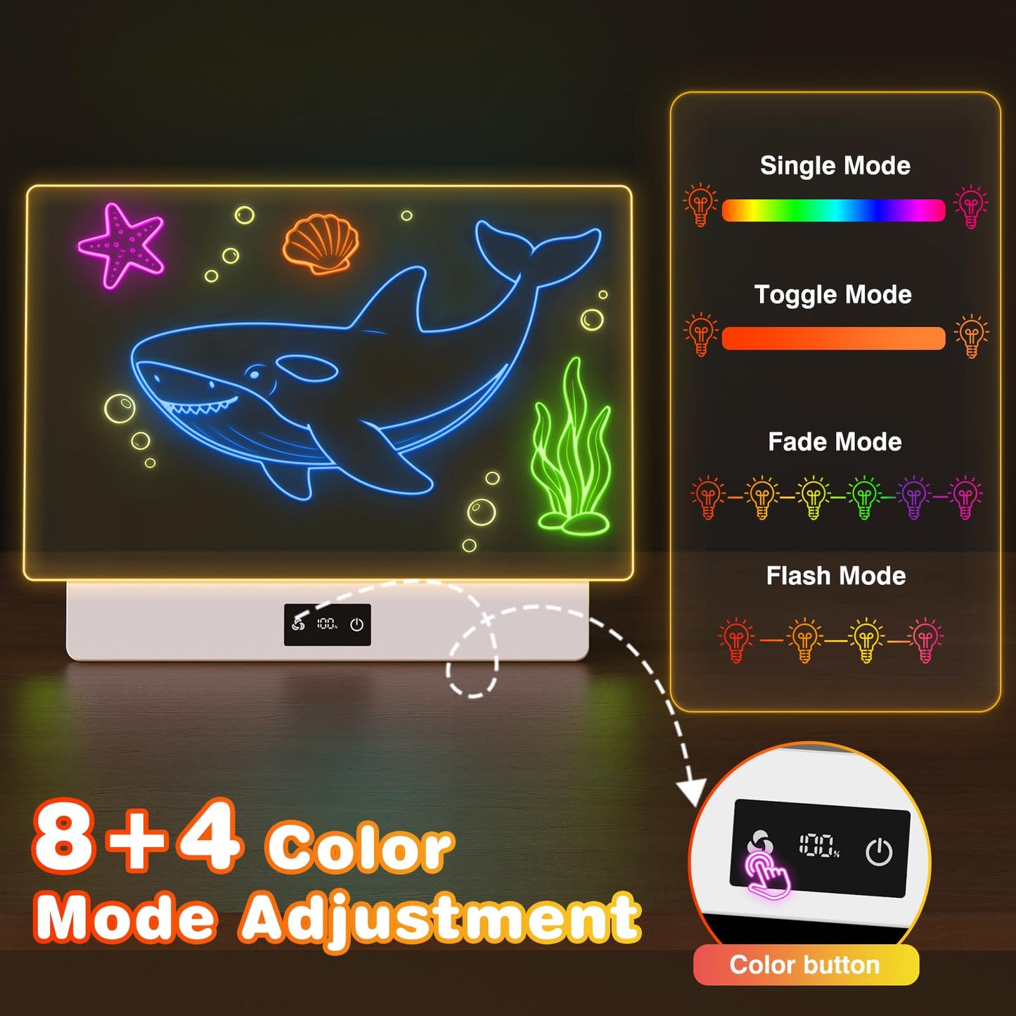 Demolike 16" LED Drawing Board for Kids, Rechargeable Glow Doodle Board with 10 Light Modes, Anti-Scratch Acrylic Dry Erase Pad, 7 Markers & A4