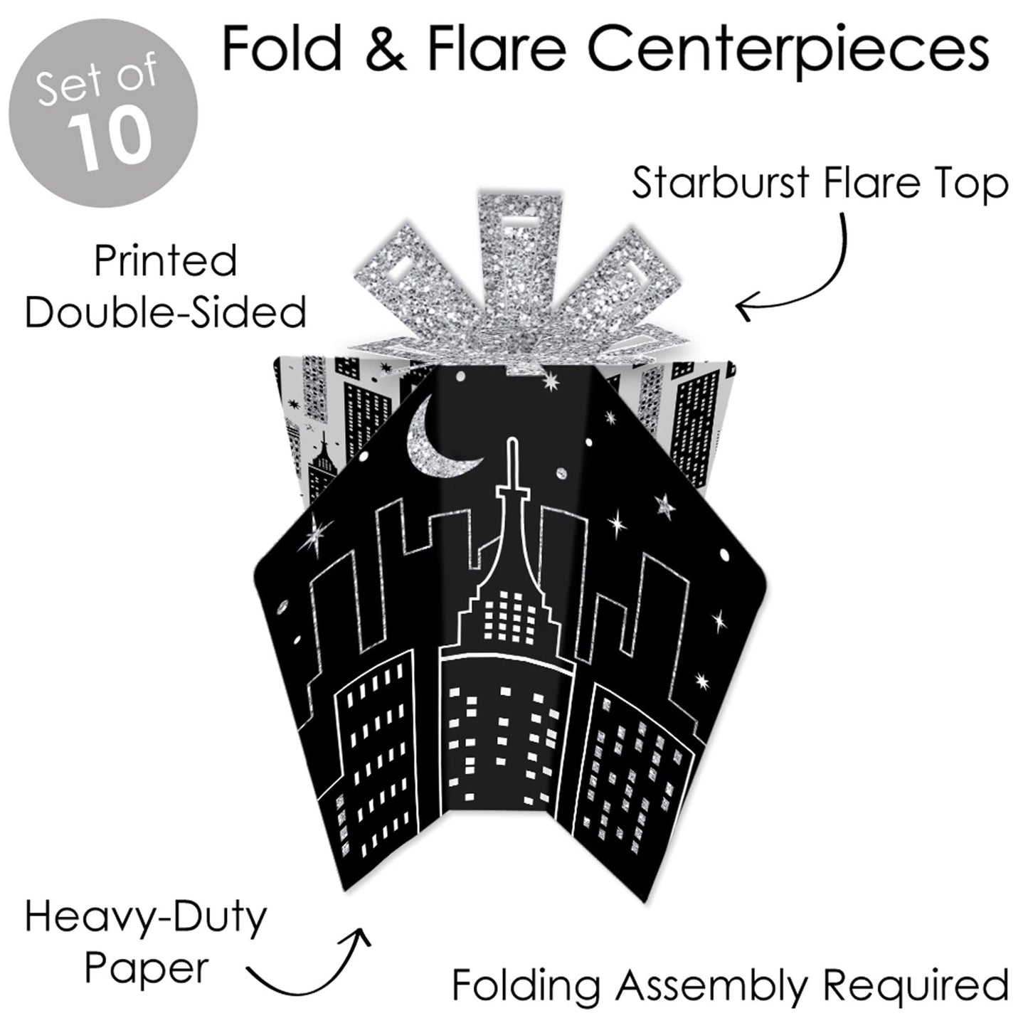 Big Dot of Happiness Nighttime City Skyline - Table Decorations - New York Party Fold and Flare Centerpieces - 10 Count