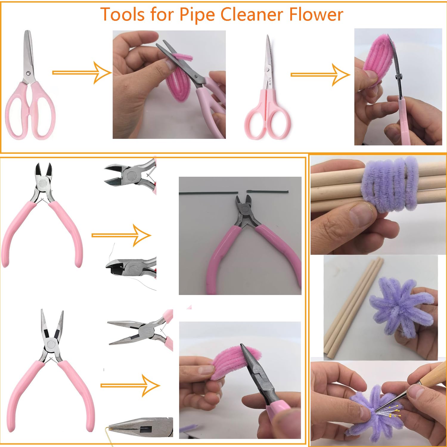 FOWUIKOH Pipe Cleaners Craft Tools Kits DIY Hand Tools Pipe Cleaner Flower kit Tools for Beginner Scissors, rulers, Pliers, Brushes (13 Tools Set)