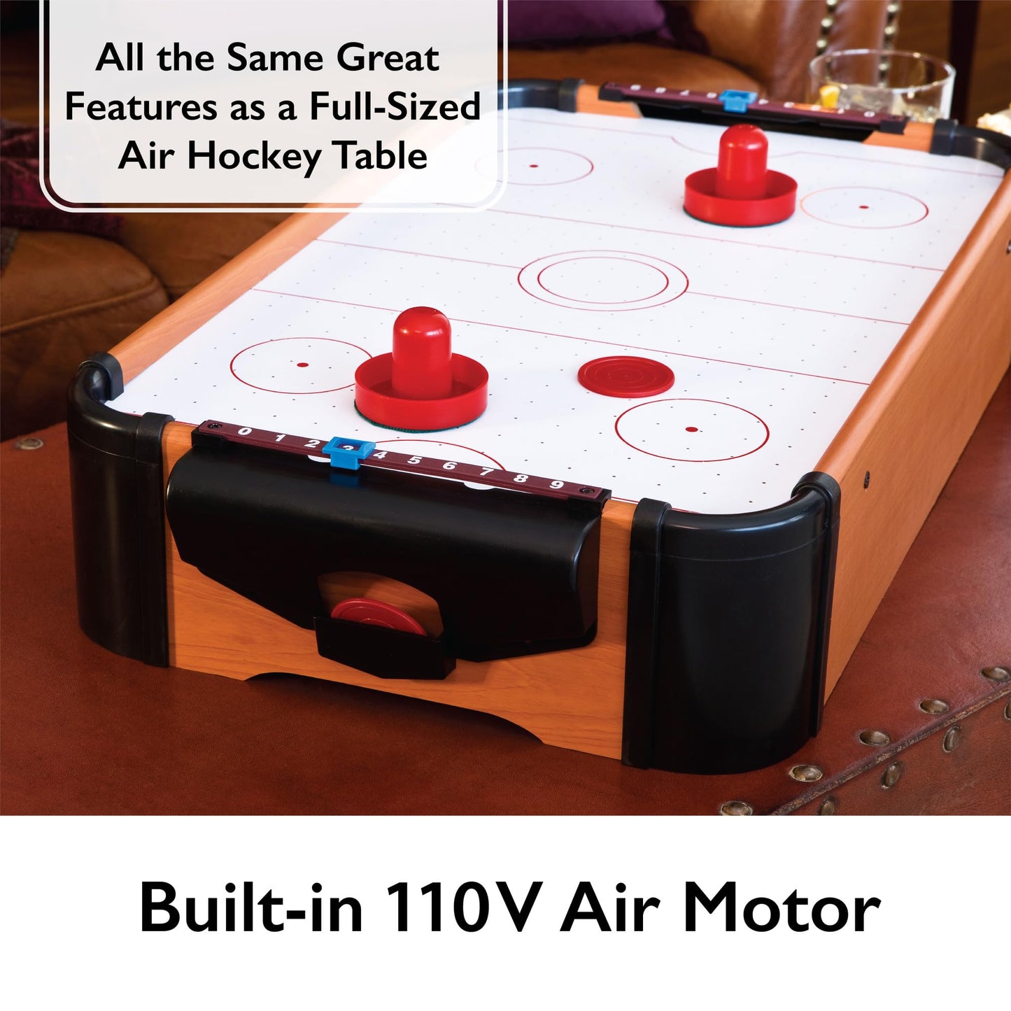 Mainstreet Classics 22 Inch Tabletop Air Hockey Game for Kids and Family, Mini Air Hockey Table with Battery Powered Motor, Includes 2 Pucks and 2