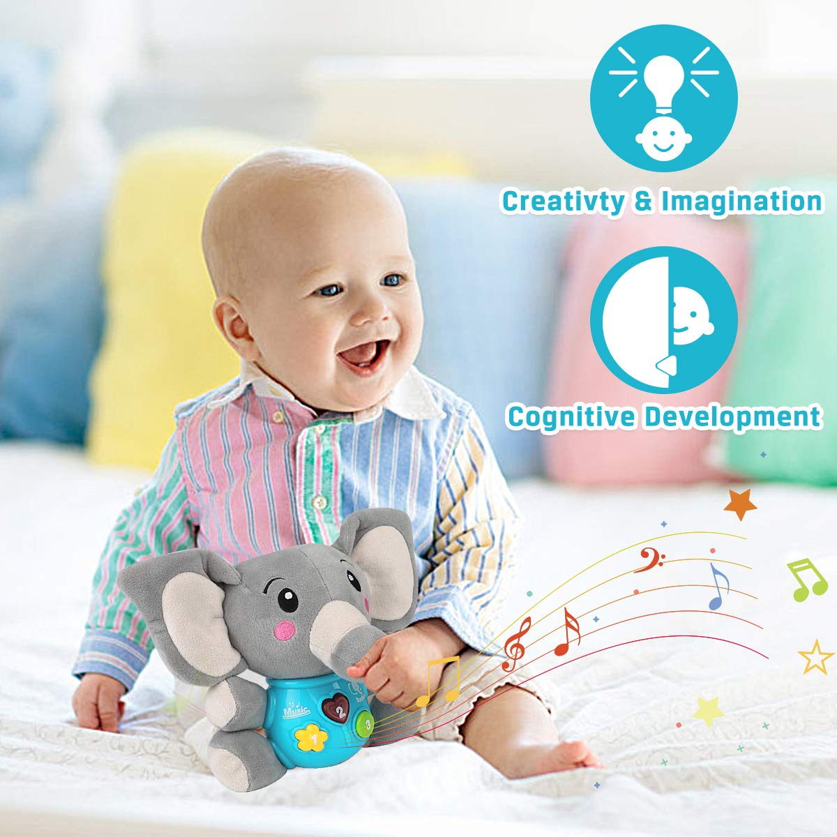 Aitbay Plush Elephant Music Baby Toys 0 to 6 Months, Cute Stuffed Animal Light Up Baby Toys Newborn Baby Musical Toys for Infant Babies Boys & Girls