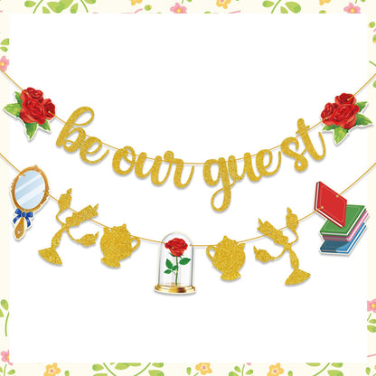 QAMEGX Gold Be Our Guest Banner, Glitter Cartoon Princess Birthday banner Cartoon Theme Party Banner Baby Shower Birthday Party Decorations For Girls