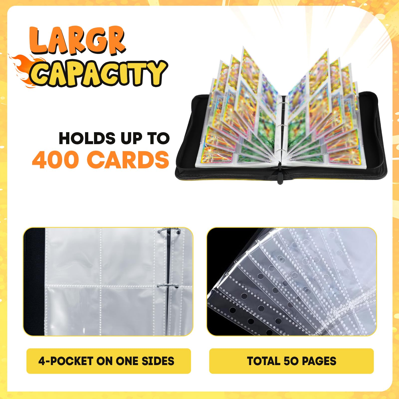 400 Cards Capacity Trading Card Binder, Card Holder with 50 Removable Sleeves, Double Sided 8-Pocket Pages Zipper Album with Wrist Strap for TCG