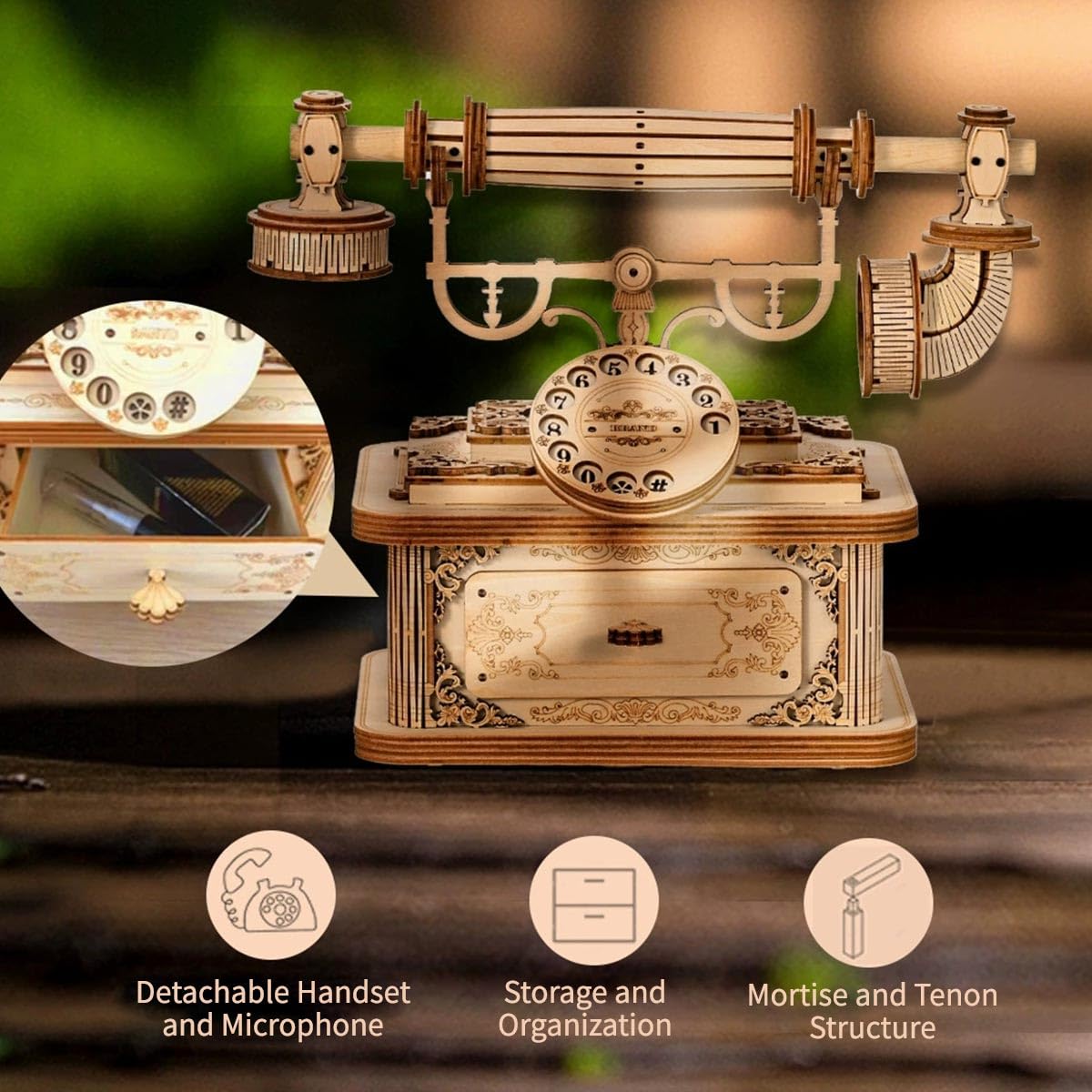 URFunModel 3D Wooden Puzzle for Adults, Retro Telephone Wooden Model Kit to Build, Steampunk Puzzle Desktop Phone Assembly Model DIY Craft Decor Gift