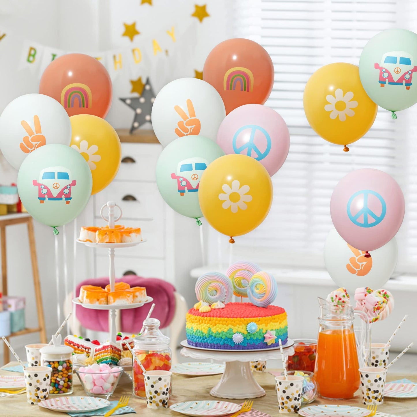 ANGOLIO 50Pcs Groovy Retro Hippie Balloons Party Supplies Smile Faces Theme Birthday Party Favors for Boy Girl Retro Different Pattern Summer Home