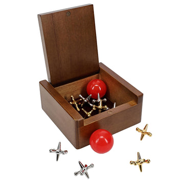 WE Games Metal Jacks Set - Classic Jacks Game with 2 Red Balls in Walnut Stain Keepsake Wooden Box - Nostalgic Floor Game