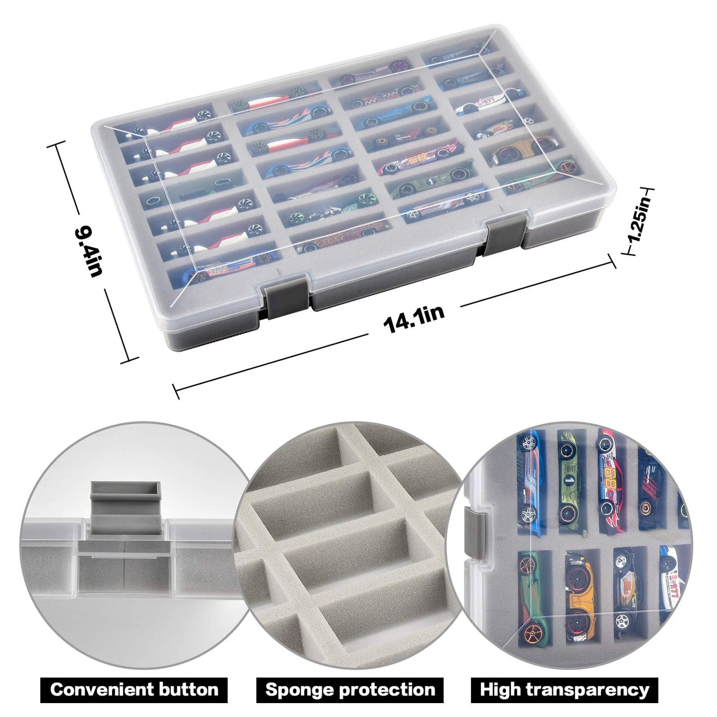 FULLCASE Display Case for Hot Wheels Cars, Toy Organizer Storage Box Holds 27 Toy Cars, Portable Carrying Container with 4 Size Slots for Hotwheels