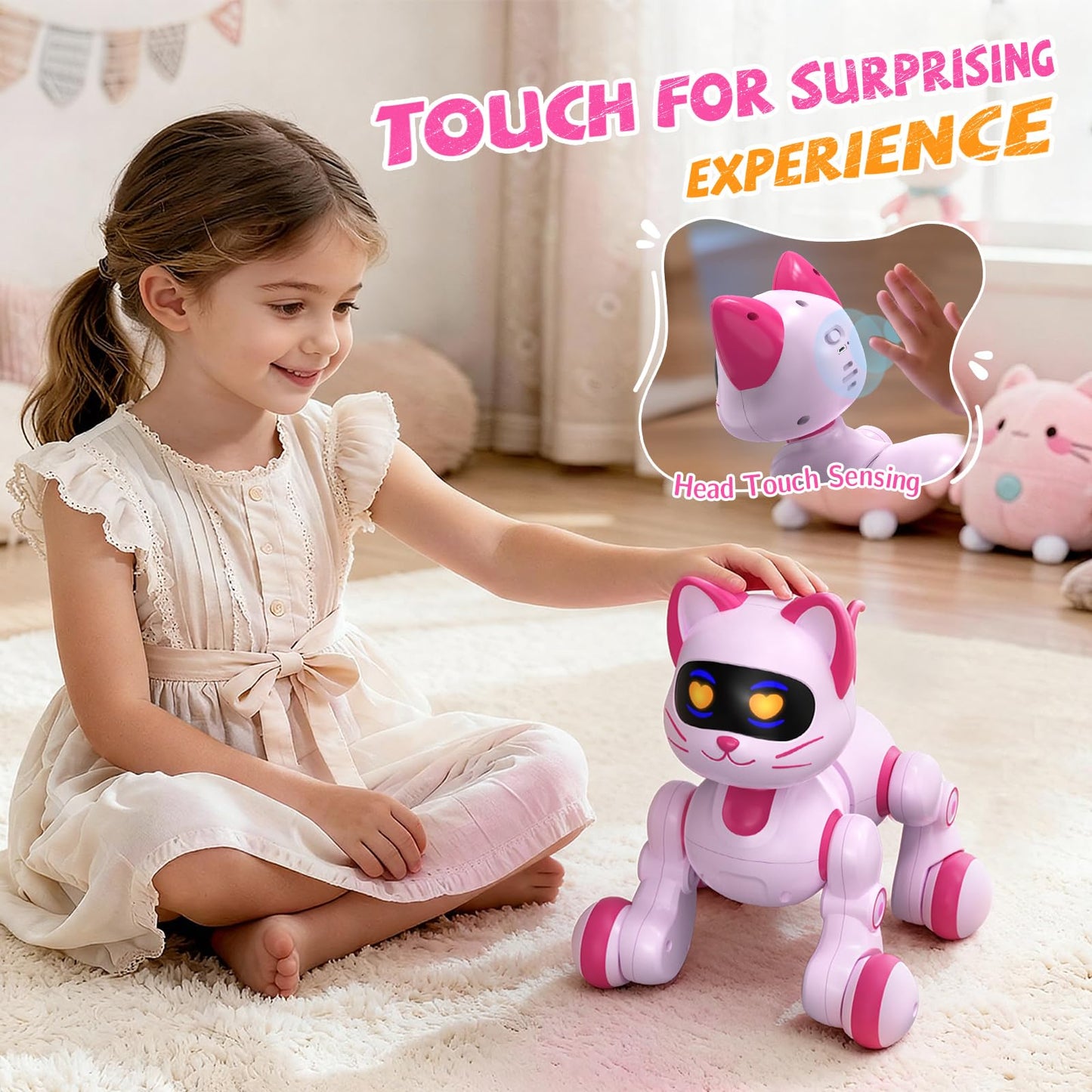 Robot Cat Toy for Kids, Interactive Robot Kitty with Touch Sensing, Remote Control Cat Robot Singing, Dancing, Walking, Sliding, Programmable Smart