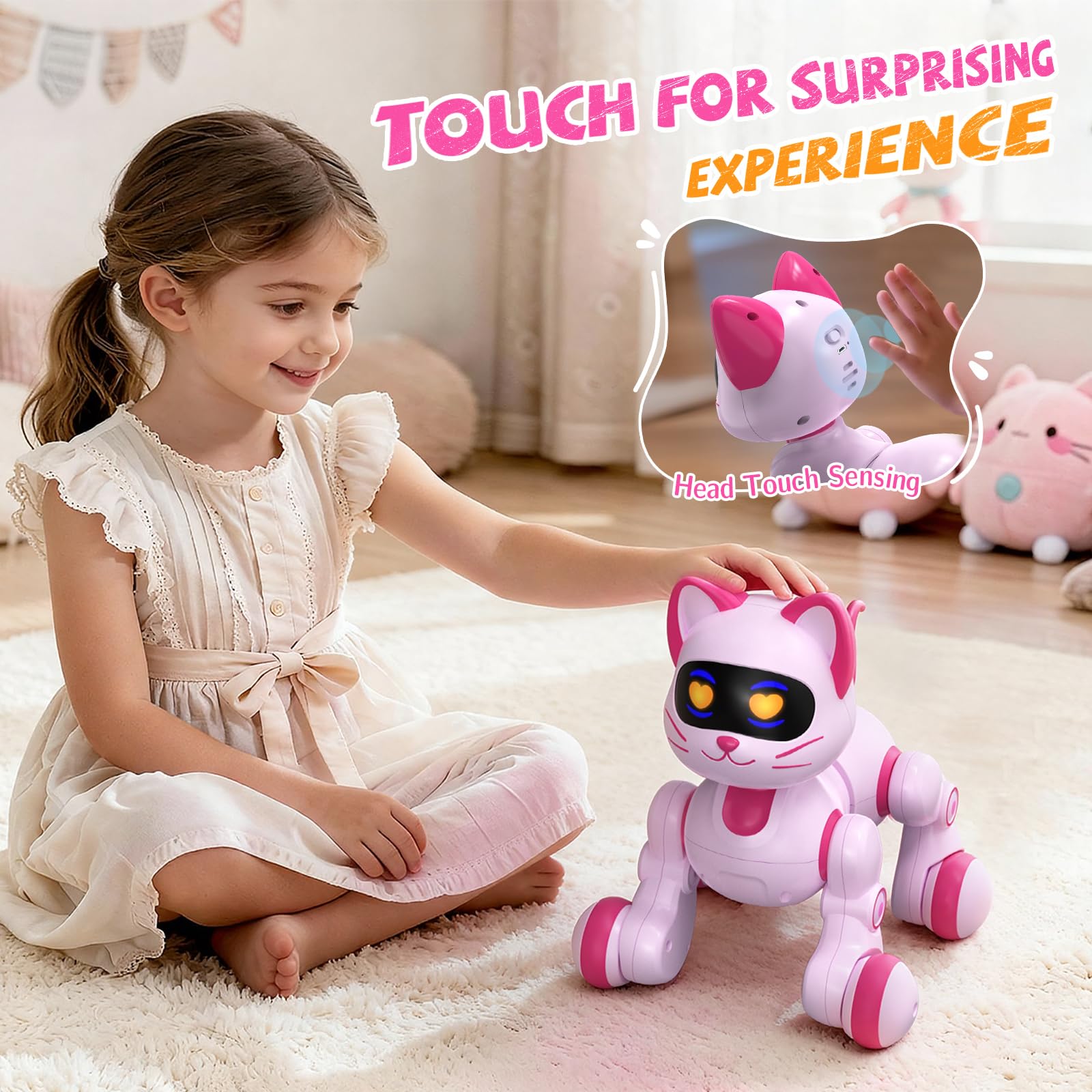 Robot Cat Toy for Kids, Interactive Robot Kitty with Touch Sensing, Remote Control Cat Robot Singing, Dancing, Walking, Sliding, Programmable Smart