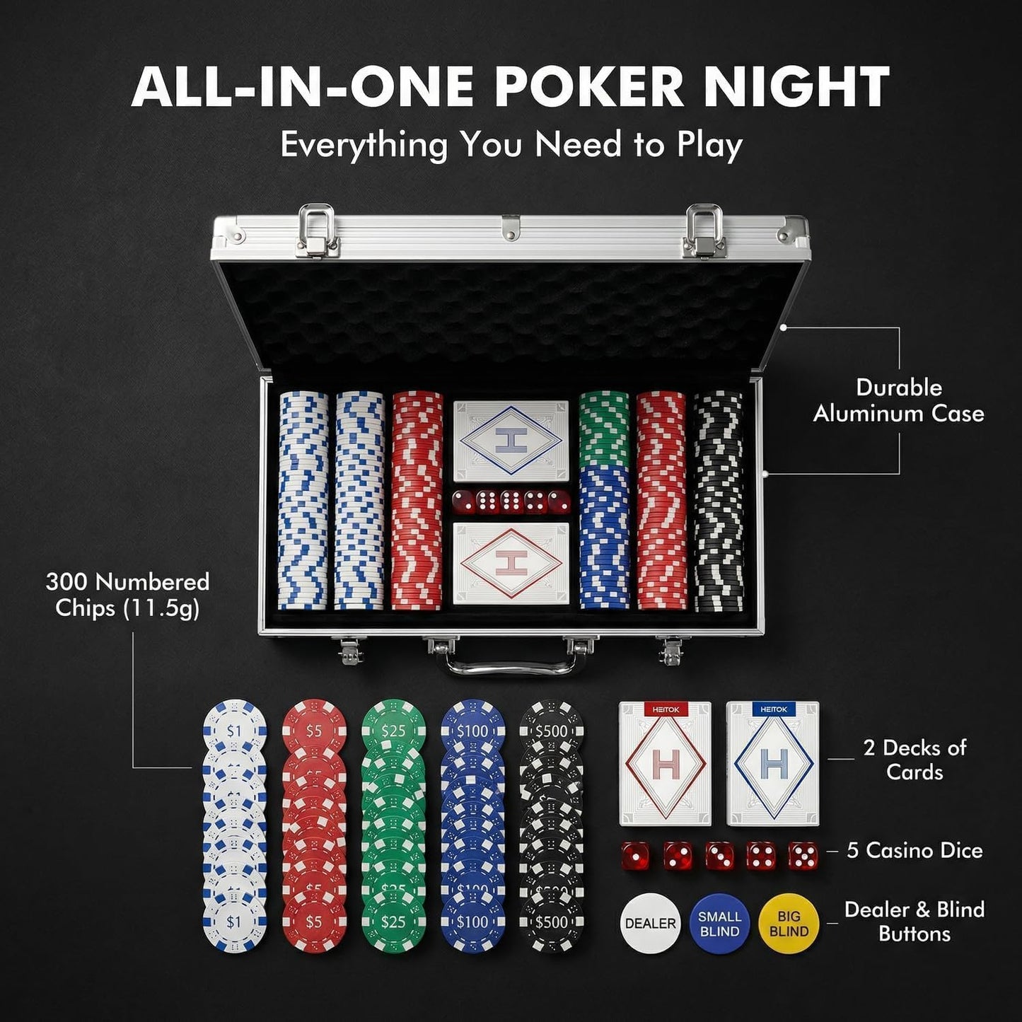 HEITOK 300pc Poker Chip Set 11.5g Iron Core Denominations Texas Holdem