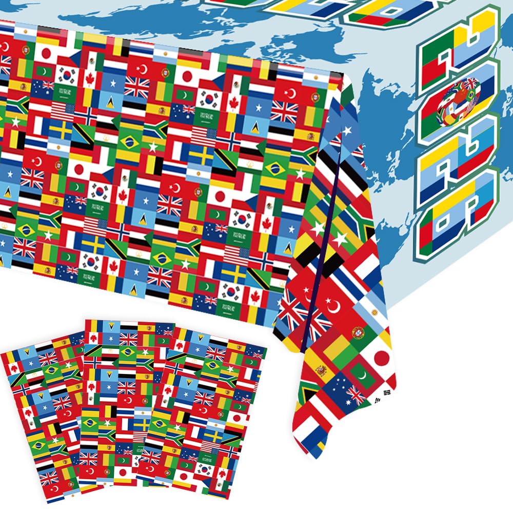 3 Packs 2026 International Football Tournament Tablecloths 108 x 54 Inch Global Flags Soccer Theme Party Table Covers Disposable Waterproof Plastic