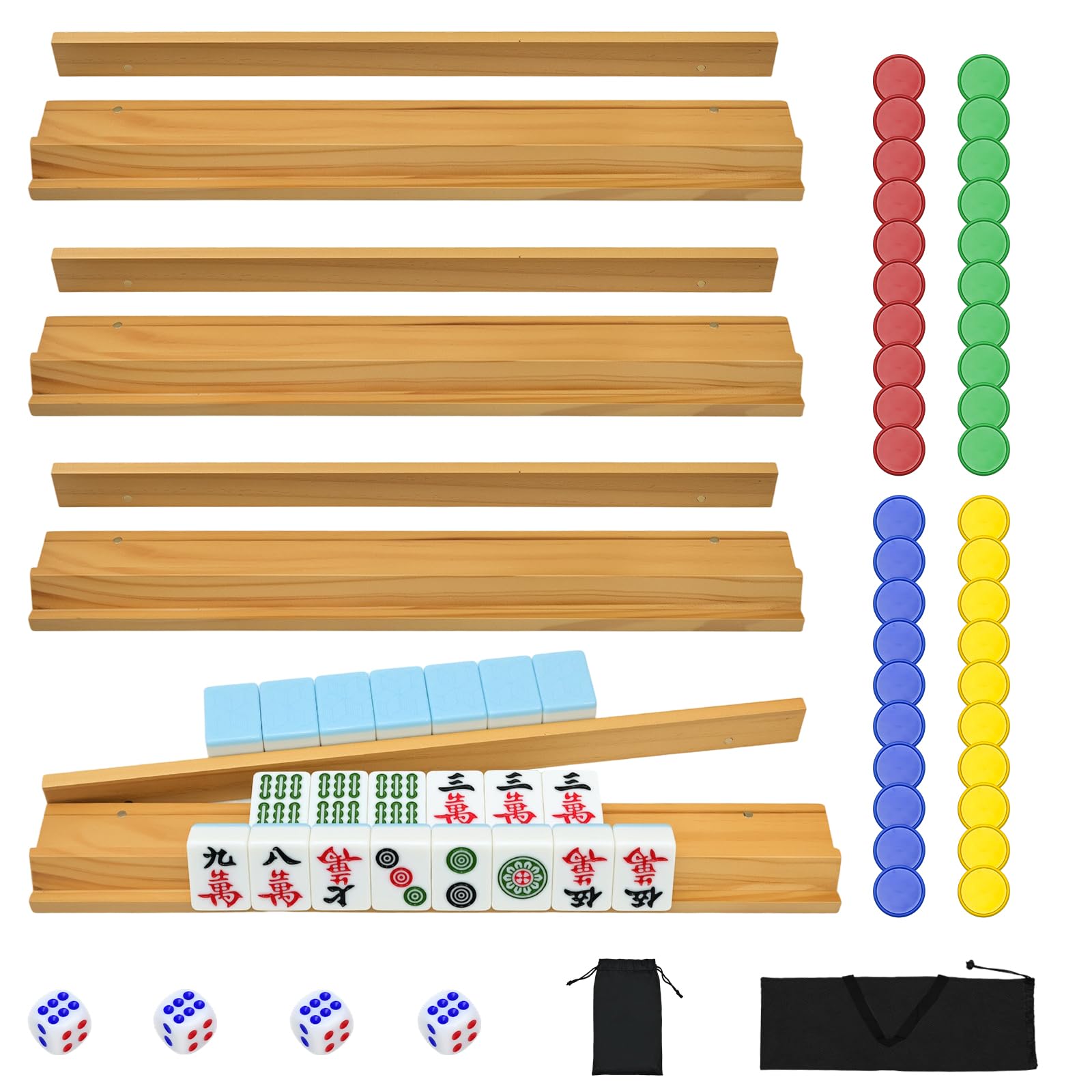 Magnetic Wooden Mahjong Racks with Pushers Set of 4, Including 4 Magnetic Racks, 4 Pushers, 40 Chips, 4 Dice, Mahjong Rack Bags,Chip Dice Bundle